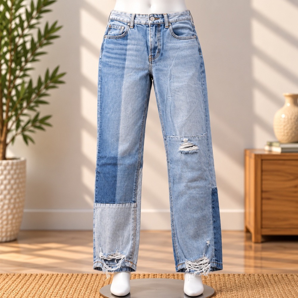 American Eagle Patchwork Jeans Womens 10 Blue Distressed Raw Hem Straight Leg